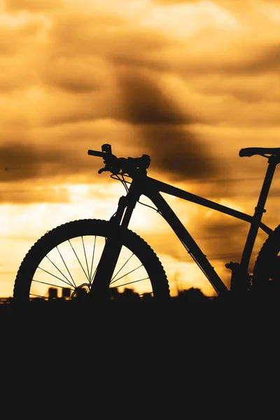 Bicicleta Montaña Aparcada Prado Por Noche Silueta Bicicleta — Foto de Stock