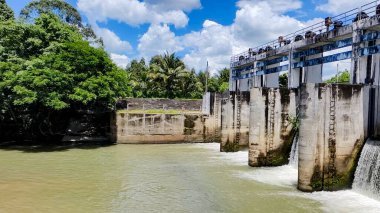 Etrafı yemyeşil sularla çevrili görkemli bir baraj ve bulutlarla dolu canlı mavi bir gökyüzü..