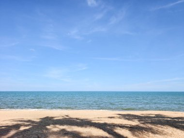Mavi gökyüzü ve yumuşak dalgalarla huzurlu plaj sahnesi, rahatlama ve sükunet için ideal..