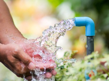 Bahçede mavi bir sulama kutusuyla el sulama suyu. Kapat.