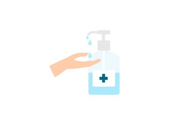 Adamın elini tıbbi alkol el jeli dezenfektanı ile ovmak, vektör illüstrasyonu. Virüsleri ve mikropları önlemek için el yıkama kavramı tüm dünyaya yayılan koronavirüstür.