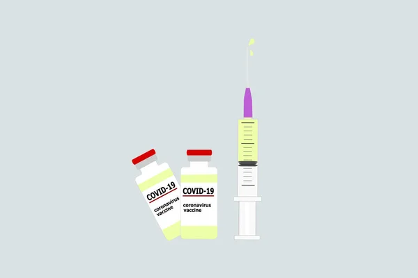 注射器はワクチンとCovid 19ワクチンのバイアルを灰色の背景に描きます 世界をコヴィト19のパンデミックから救うための地域社会の予防接種キャンペーンの概念 — ストック写真