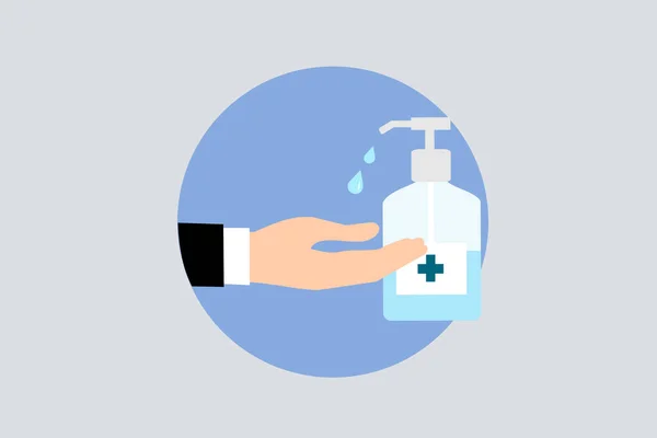 Men Hand Rubbing Medical Hand Gel Sanitizer Bottle Blue Background — Stock Photo, Image