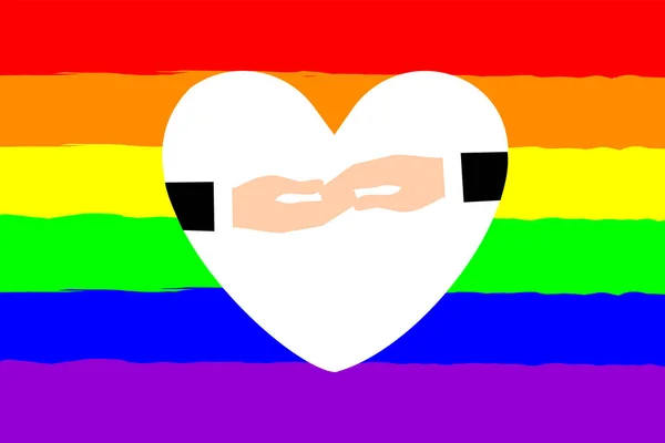 彩虹条纹背景设计象征男女同性恋 双性恋 变性者 两性人社区平等运动 以及男人的双手以白色心形支撑在一起 是男女同性恋 双性恋 变性者 两性人快乐的概念 — 图库照片