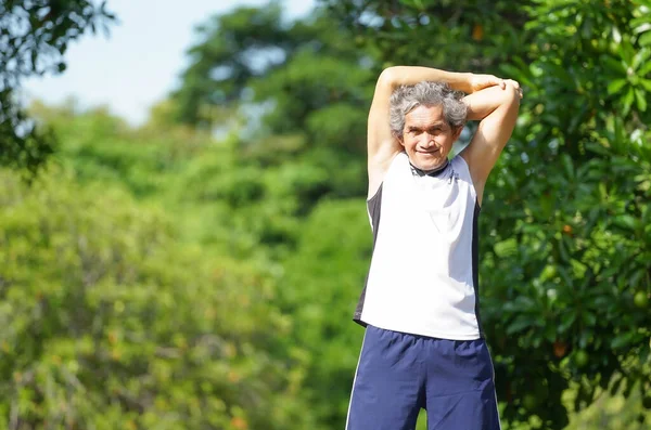 Homem Idoso Sorrindo Corredor Aquecendo Exercício Esticando Braços Parque Boa — Fotografia de Stock