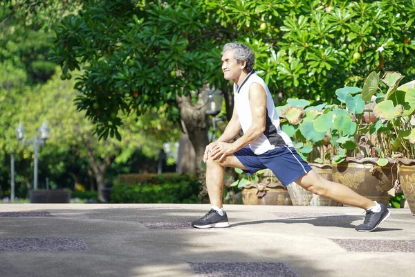 Homem Idoso Sorrindo Corredor Aquecendo Exercício Esticando Pernas Parque Boa — Fotografia de Stock