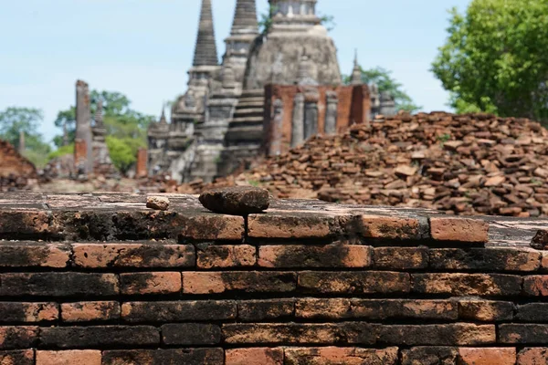 Achtergrond Bakstenen Muur Ruïnes Tempel Selectieve Focus Van Ayutthaya Historische — Stockfoto