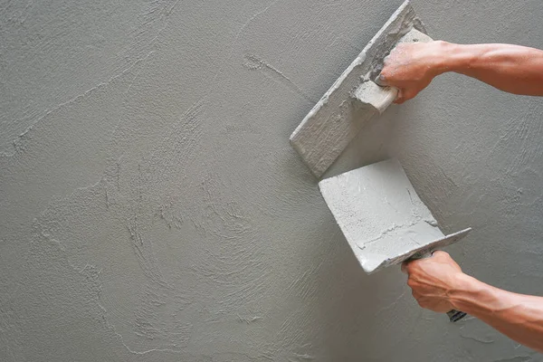 Hand Worker Plastering Cement Wall Construction Site Copy Space Selective — Stock Photo, Image