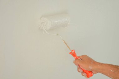 Havan topu duvarına renk boyası sürme fırçası, bina ve ev yenileme konsepti, seçici odak                                       