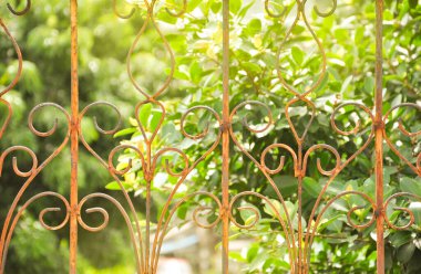 Eski paslı demir balkon işlemeli, bulanık arkaplan ağacı doğası