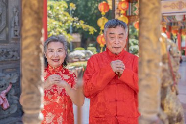 Cheongsam 'daki Asyalı kıdemli çift Çin tapınağındaki tütsü ocağında dua ediyor ve ibadet ediyor. Çin Yeni Yıl Festivali konsepti.