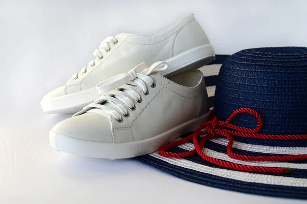 Items Summer Holidays Hat Sneakers White Background Concept Travel — 图库照片