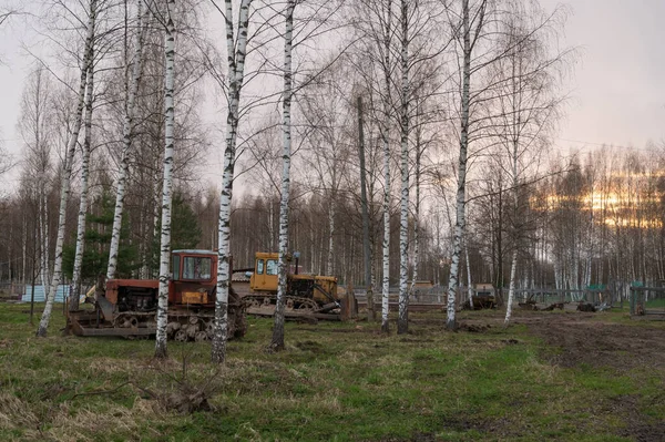 Eski kırmızı ve sarı traktörler sürücüsü olmayan bir çiftlikteki açık havada ağaçların arasında dururlar. Tarım makineleri