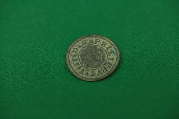 Moeda Velho Metal Dinheiro Espanha Antigo Verde Colecionável Redondo Numismático — Fotografia de Stock