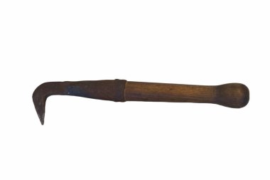 A tool designed for carving displays a sturdy wooden handle with a curved metal blade. It is ideal for shaping wood or other materials in a craft workshop.