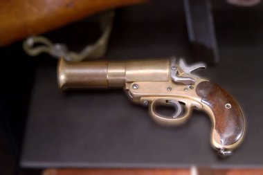 İyi korunmuş bir pirinç tabanca bir müzede sergilenir. Ateşli silahta, tarihi silahları temsil eden ahşap bir tutuş ve ayrıntılı bir işçilik yer alıyor..