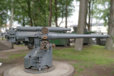 Yeşillik ve ağaçlarla dolu bir parkta tarihi bir topçu parçası sergileniyor. Metal yapıda, ziyaretçilerin dikkatini çeken uzun namlulu ve detaylı mekanik bileşenler yer alıyor..