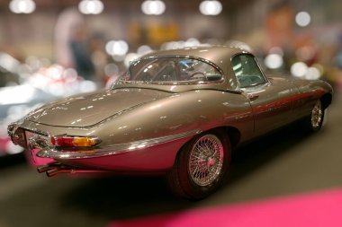 Eski bir araba büyük bir mekanda sergilenir. Ziyaretçiler aracın eşsiz tasarım ve işçiliğine hayran kalırken, arka planda diğer arabalar da görülebiliyor..