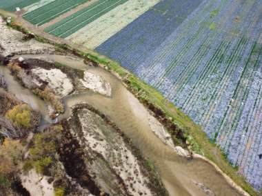 Bir nehir ekinlerle dolu bir arazide akar. Su gökyüzünü yansıtırken, alanlar farklı renkler gösterir. Bu manzara tarım arazisini ve doğal özellikleri yakalar..