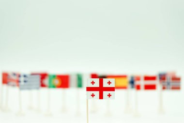 Gürcistan bayrağının önde yer aldığı birçok küçük bayrak bir masanın üzerinde sergilenmektedir. Diğer bayraklar çeşitli ulusları temsil ediyor. Ayarlar parlak ve basit..