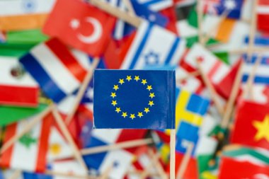 Avrupa Birliği 'ni temsil eden küçük bir bayrak, pek çok farklı ülkenin bayrakları arasında yer alıyor. Ayarlar canlı bir renk ve sembol koleksiyonu gösteriyor.