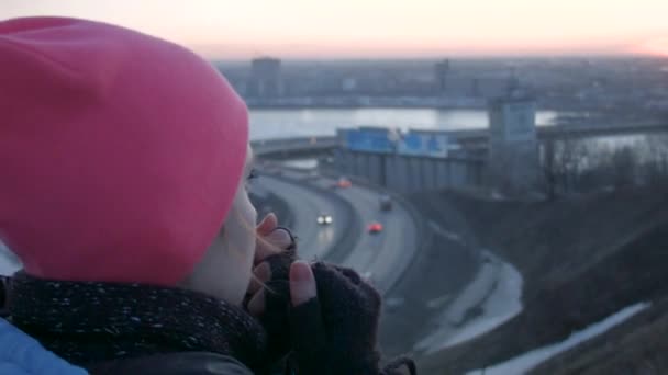 Bridge at sunset with a girl — Stock Video