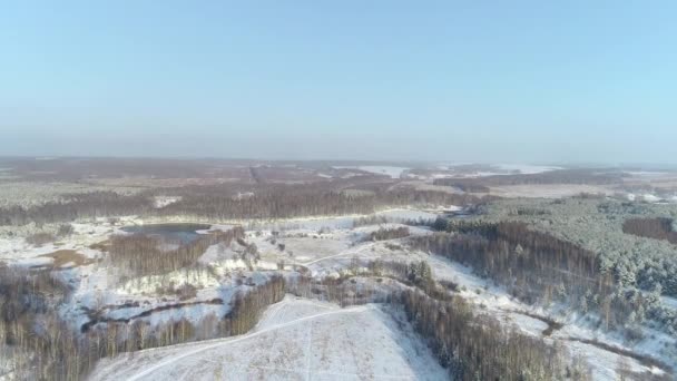 Sorvolando Lago Blu Una Foresta Innevata Inverno Lago Con Acqua — Video Stock