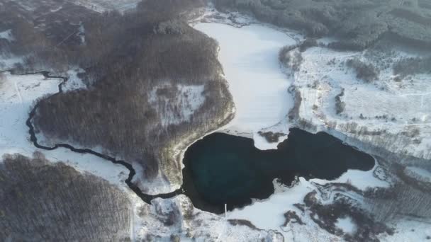 Flug Über Einen Blauen See Einem Verschneiten Wald Winter See — Stockvideo