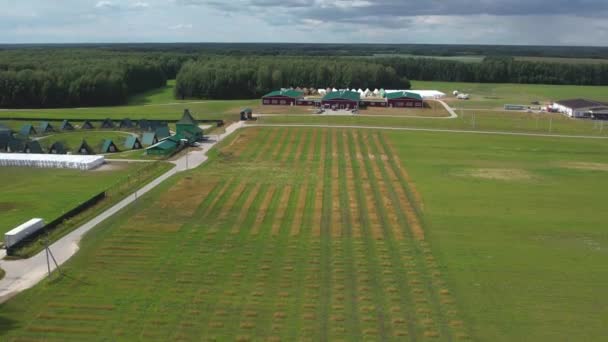 Flygande Över Gård Som Producerar Ost Ostodling Gröna Fält Natur — Stockvideo