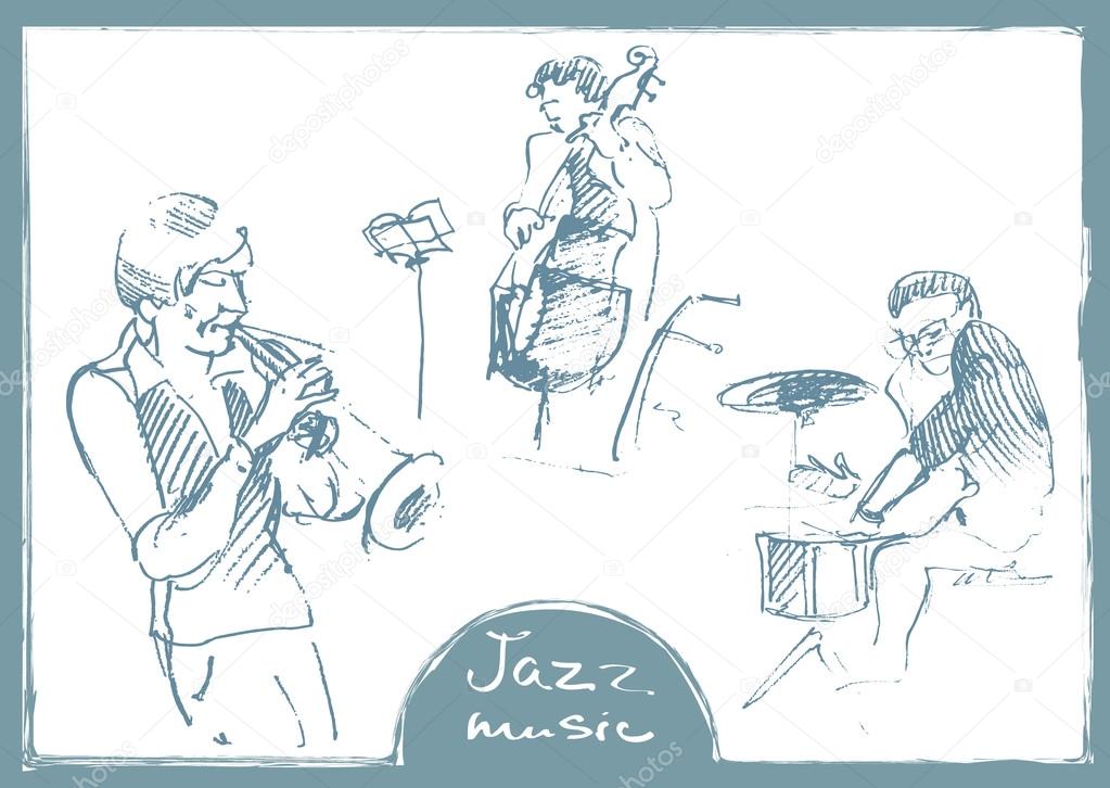 Sets of the sketched musicians. Hand-drawn illustration
