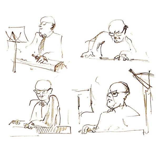 Ilustração desenhada à mão do pianista tocando. Conjuntos dos quatro músicos emocionais esboçados . — Vetor de Stock