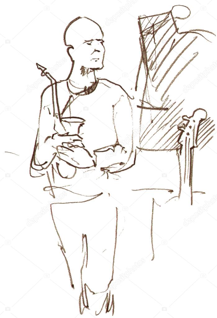 Sketched musician with saxophone in hands on the background of i