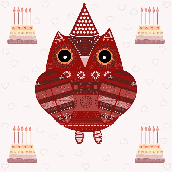 Lindo búho con adorno étnico cumpleaños — Vector de stock