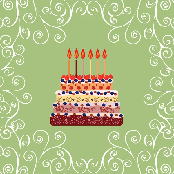 Pastel de cumpleaños con seis velas. Seis años. — Vector de stock