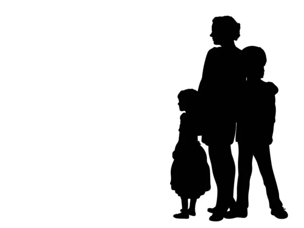Silhouette madre con due bambini vista laterale — Vettoriale Stock