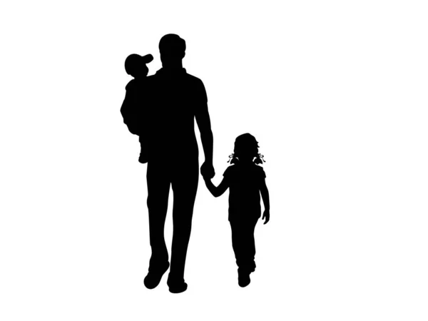 带着两个孩子的步行父亲的轮廓 — 图库矢量图片