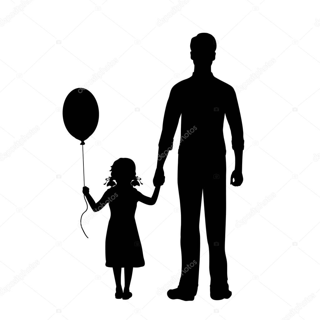 Silhouettes of standing father and daughter with balloon from back. Illustration graphics icon vector