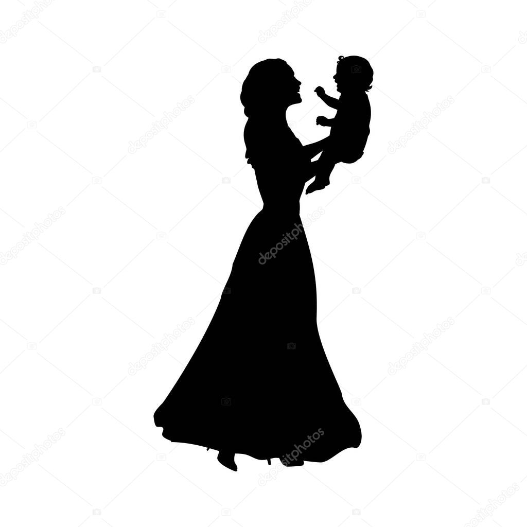Silhouette happy mother holding newborn baby. Illustration graphics icon vector