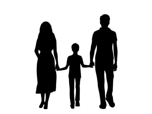 Silhouettes father mother and son from back walking forward holding hands — Stock Vector