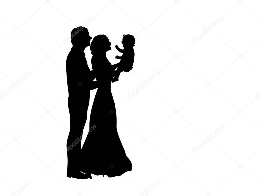 Silhouettes happy father and mother holding newborn baby in the air. Illustration graphics icon vector
