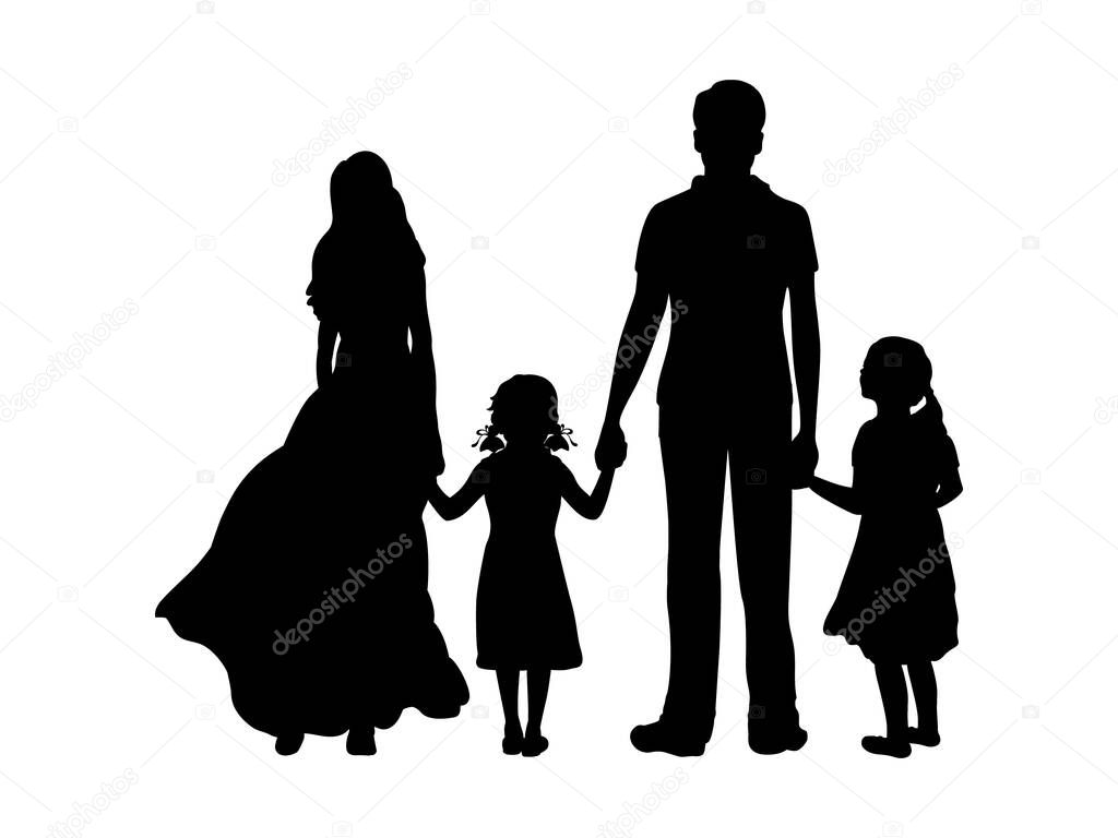 Silhouettes father mother and two daughters from back hold hands