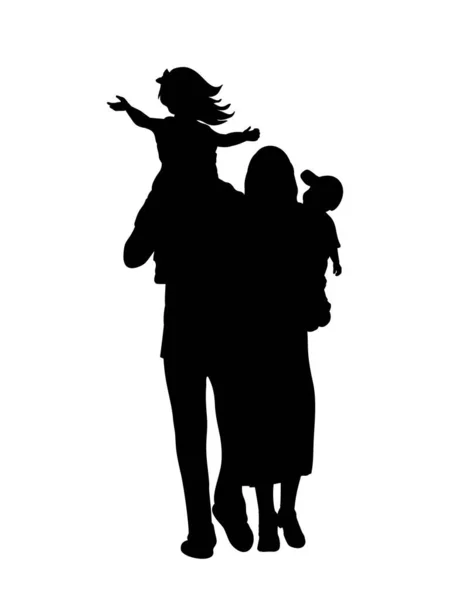 Silhouette heureux père de famille porte fille sur les épaules et mère fils dans les bras — Image vectorielle