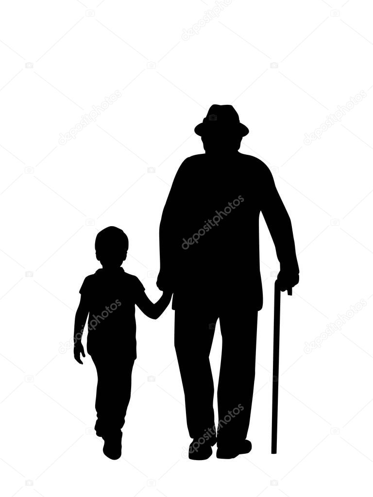 Silhouette of grandfather walking with grandson. Illustration graphics icon vector