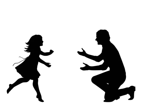 Silhouette de fille heureuse courant à la rencontre de son père — Image vectorielle