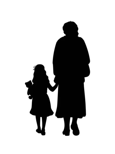 Silhouette of grandmother walking with granddaughter — Stock Vector