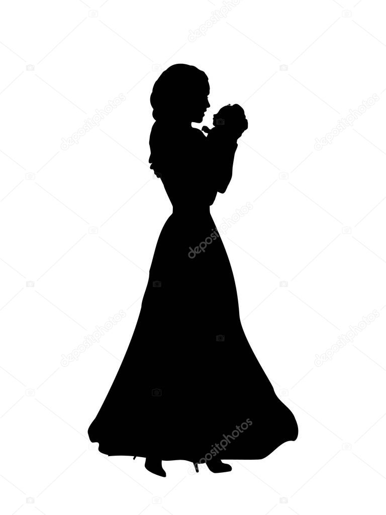 Silhouette happy mother holding newborn baby in arms. Illustration graphics icon vector