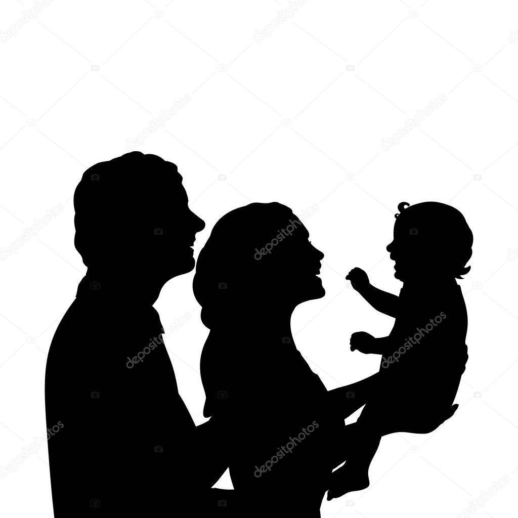 Silhouettes happy father and mother holding newborn baby close up. Illustration graphics icon vector