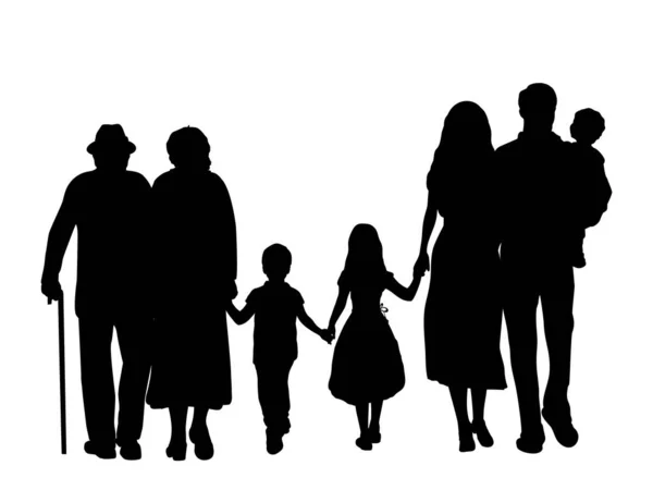 Silhouettes familiales grands-parents père mère et trois enfants de dos — Image vectorielle