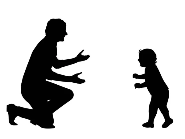 Silhouette petit bébé marche à la rencontre de son père — Image vectorielle