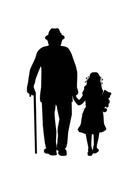 Silhouette of grandfather walking with granddaughter — Stock Vector